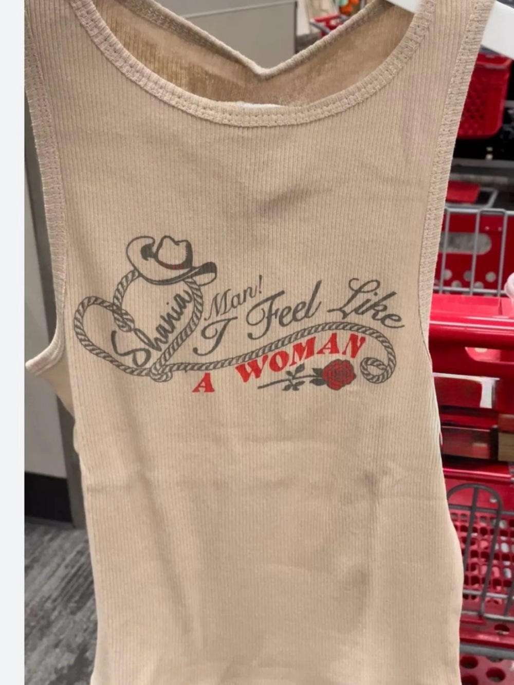 Beige Ribbed Graphic Tank Top - 'I Feel Like A Woman'